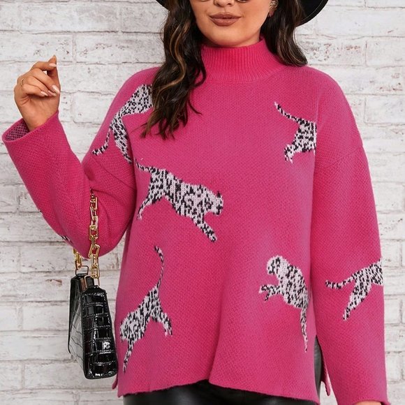 Plus Leopard Pattern Mock Neck Split Hem Sweater pink - Picture 4 of 5